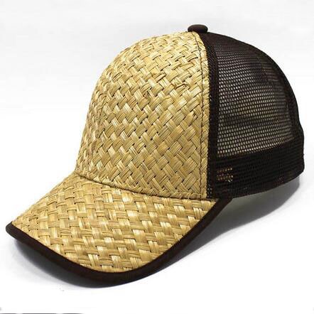 Trucker cap with straw material on front panels and visor