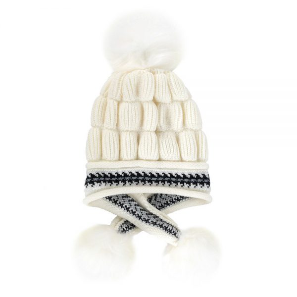 Popular white knitted lady hat with poms