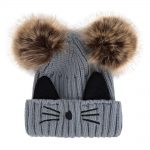Grey cat style kitted hat with pom for lady