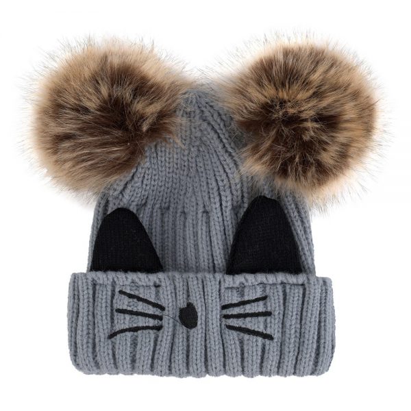 Grey cat style kitted hat with pom for lady