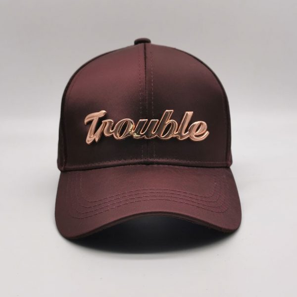 Trouble metaled label burgundy satin cap