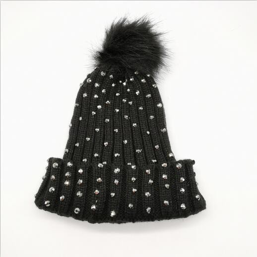 Ladies stones studded pompom beanie