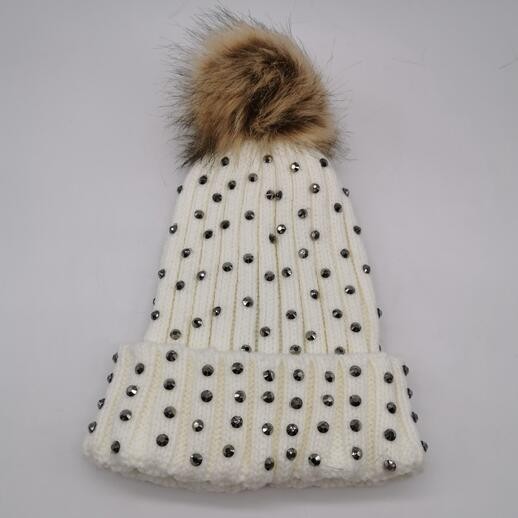 Ladies stones studded pompom beanie