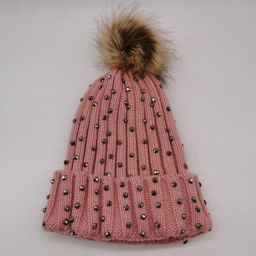 Ladies stones studded pompom beanie